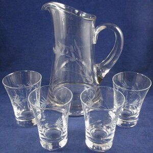 Princess House Etched Crystal Glass Pitcher with Four Matching Juice Glasses